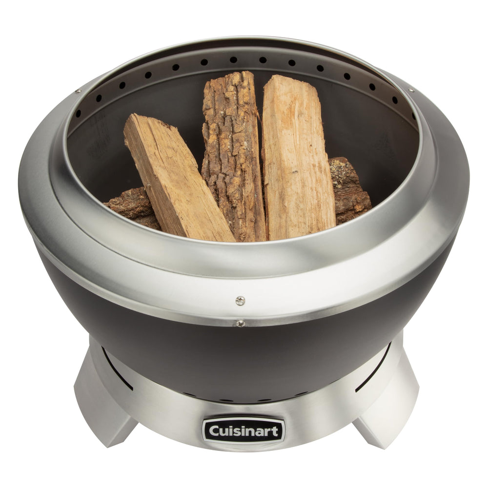 Cuisinart next to a 14-inch log showing fit and correct fuel size