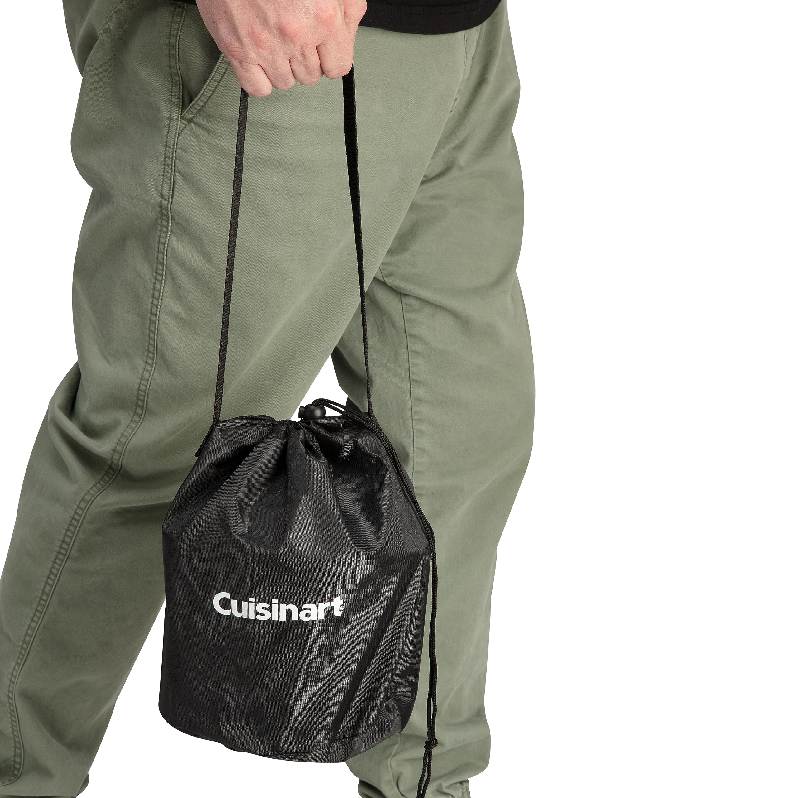 Cuisinart held in hand for scale showing compact portability and packability benefit