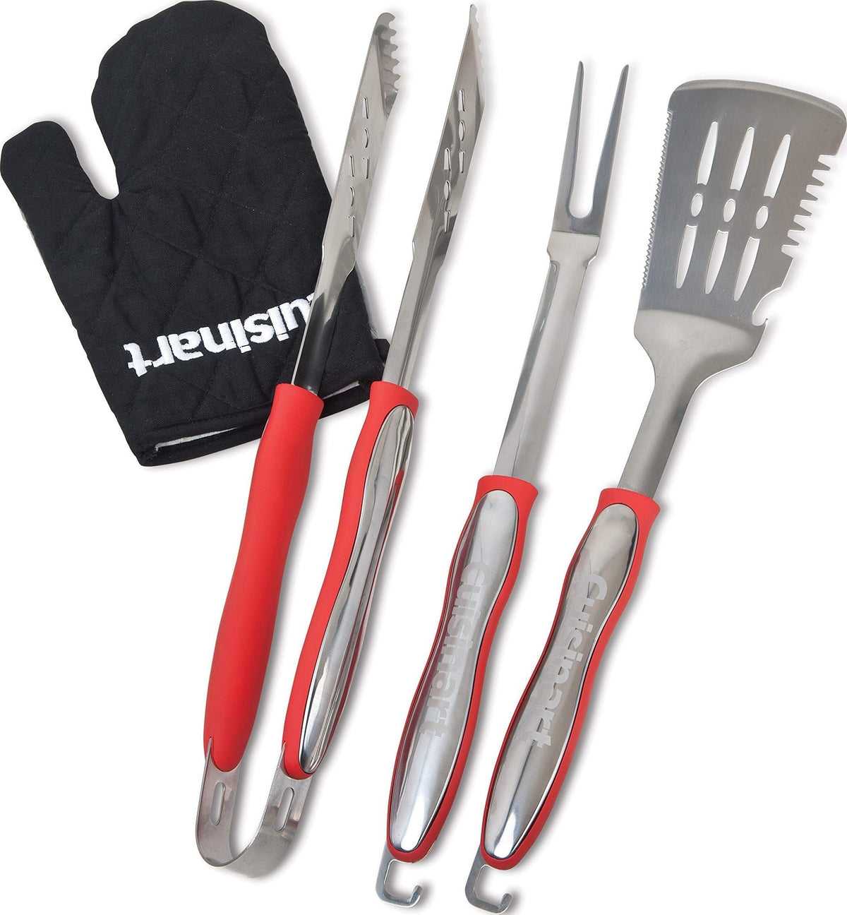 Cuisinart front view of 3-piece grilling set showing spatula tongs fork and glove for easy organization