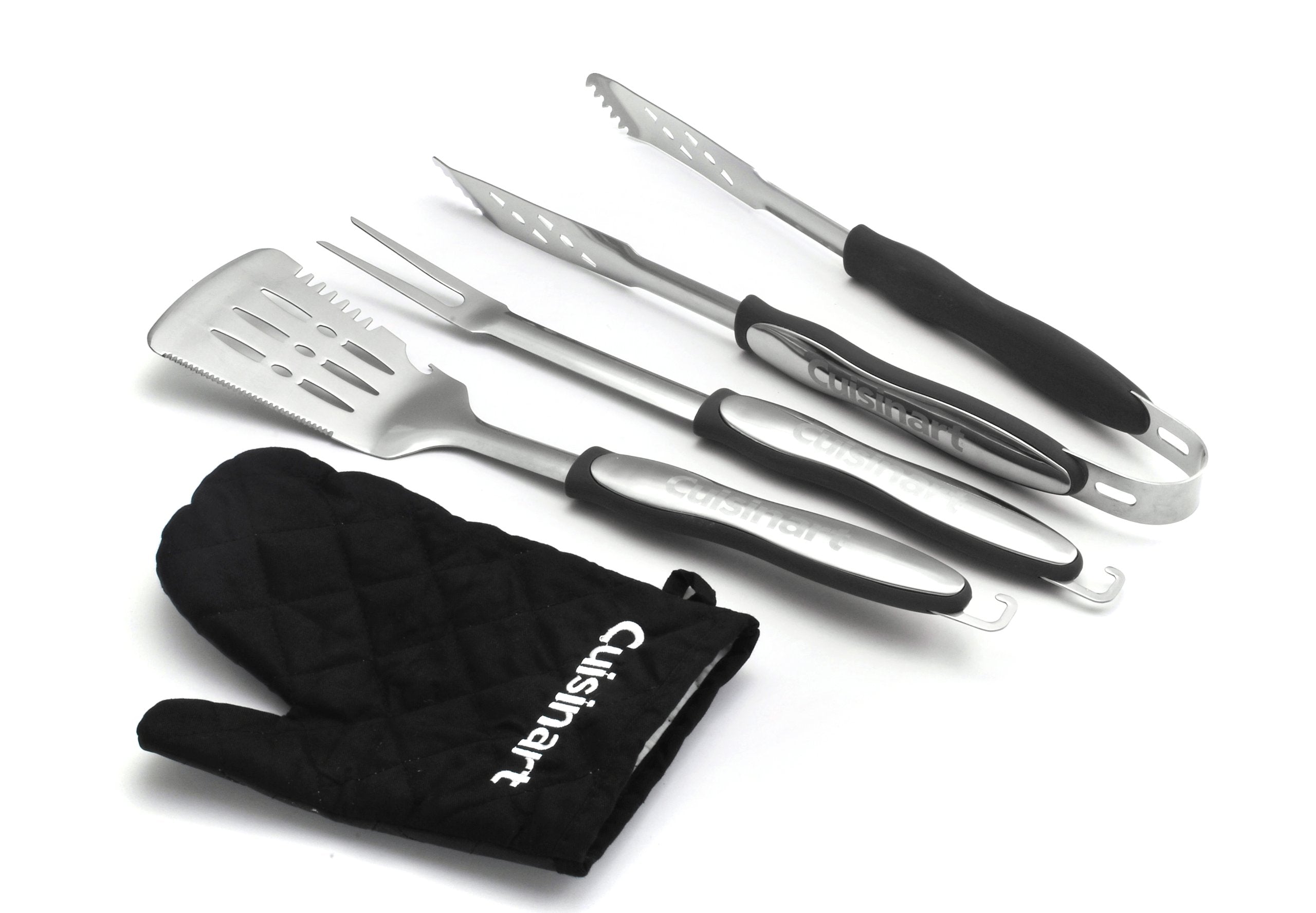 Cuisinart front view of complete tool set showing spatula tongs fork glove, durable convenience