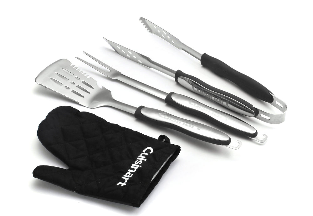 Cuisinart front view of complete tool set showing spatula tongs fork glove, durable convenience