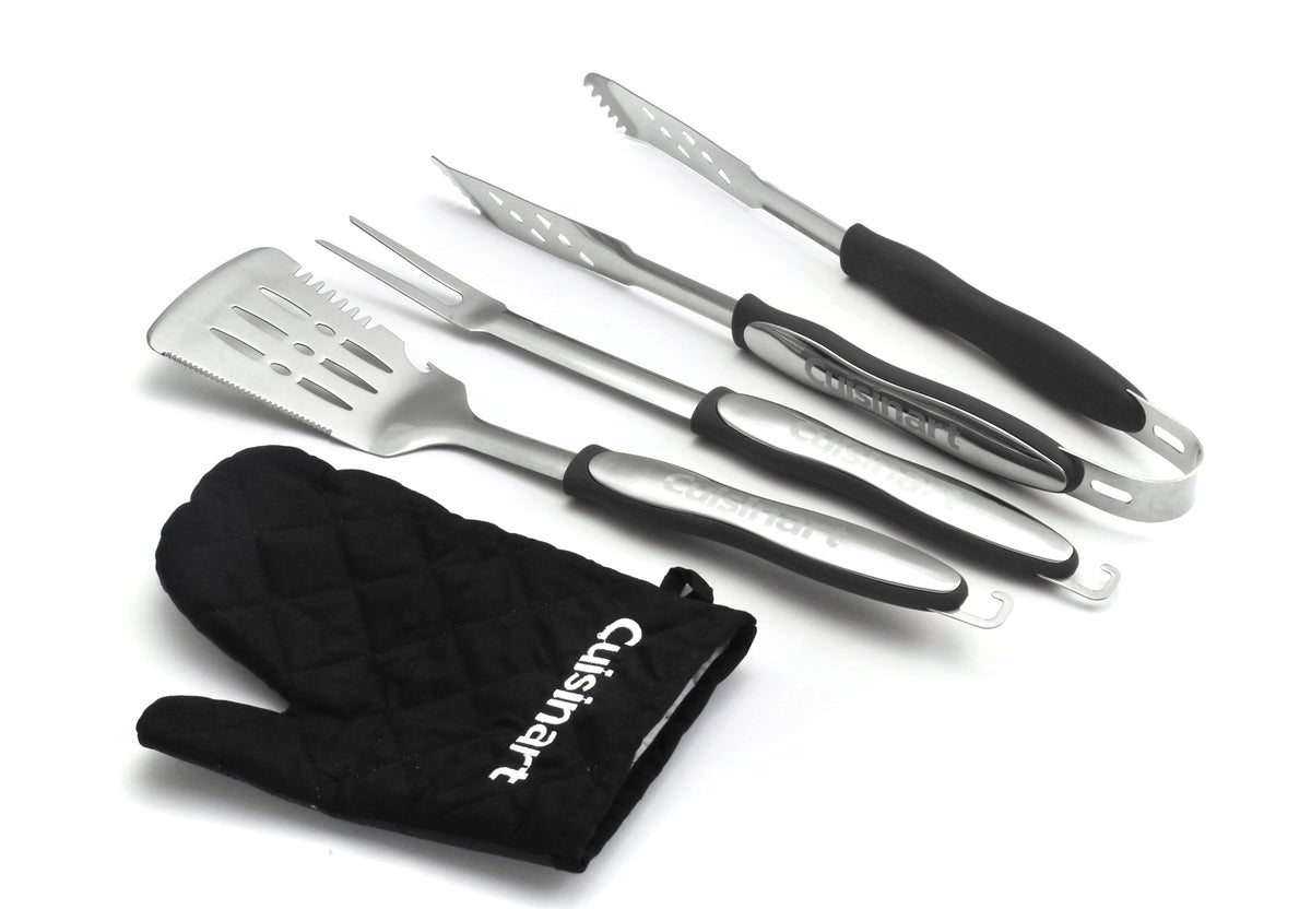 Cuisinart front view of complete tool set showing spatula tongs fork glove, durable convenience
