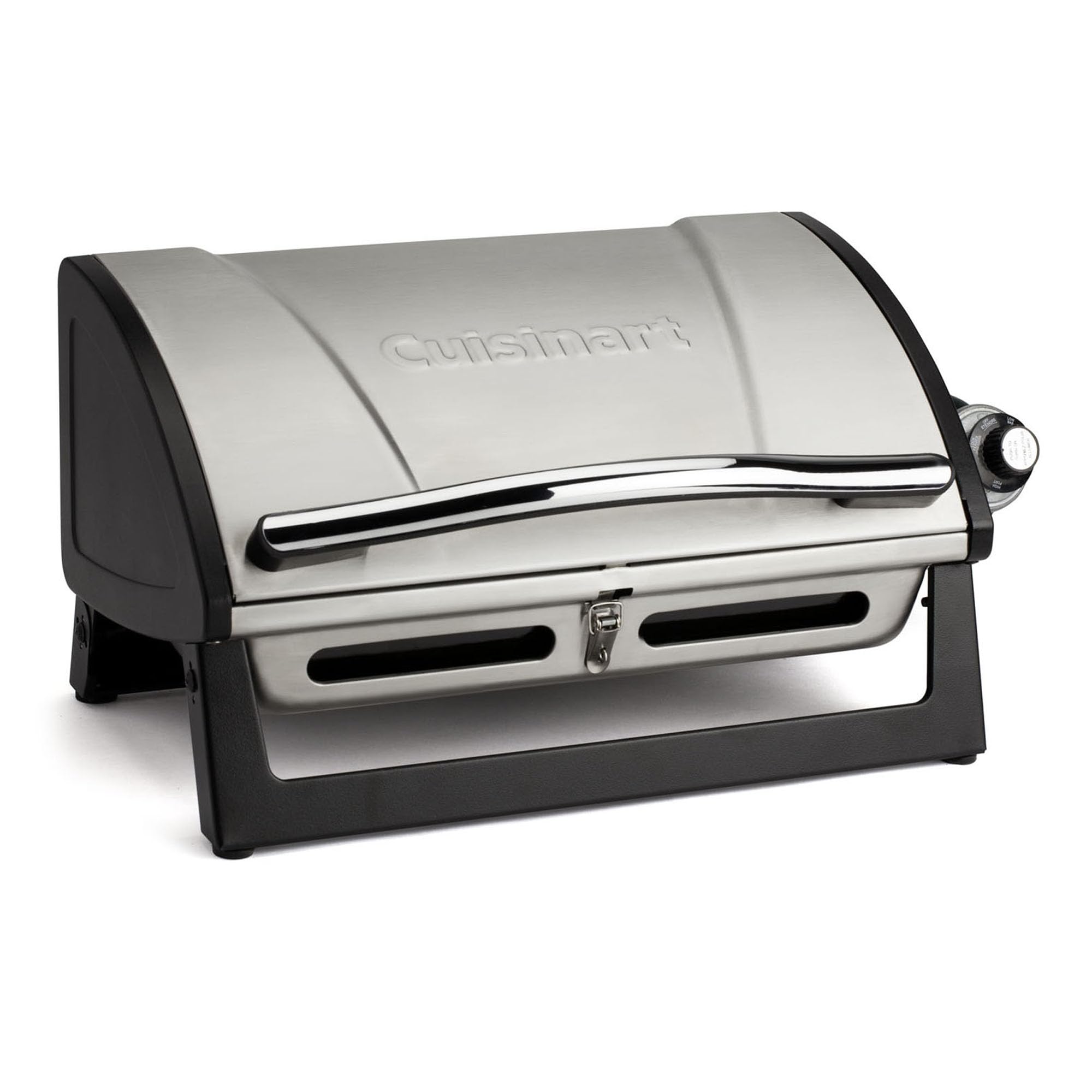 Cuisinart front view of compact grill showing sleek housing and portability benefit