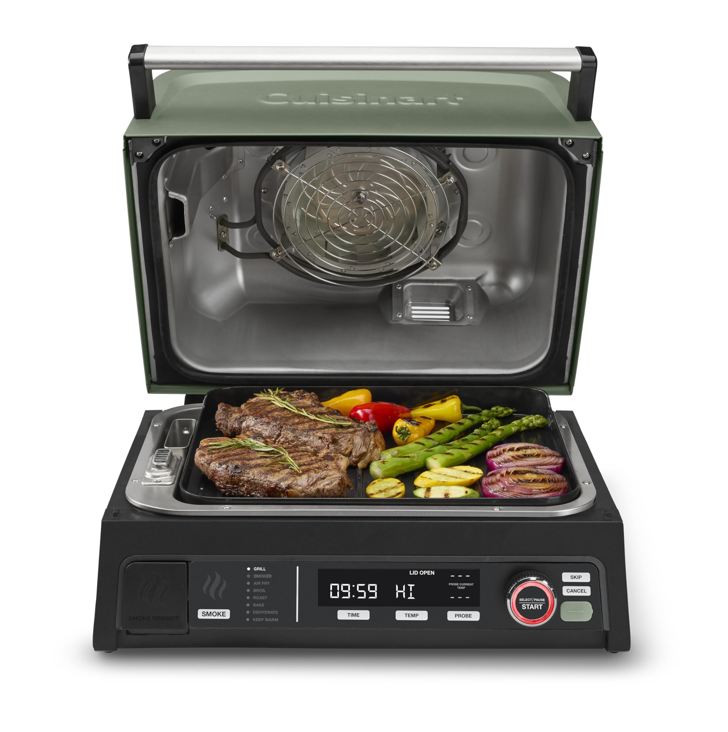 Cuisinart front view of outdoor electric grill showing controls and lid for easy operation