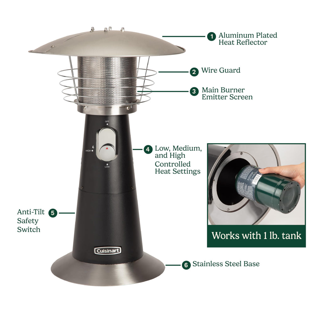 Cuisinart heater next to chair showing scale and compact portability benefit
