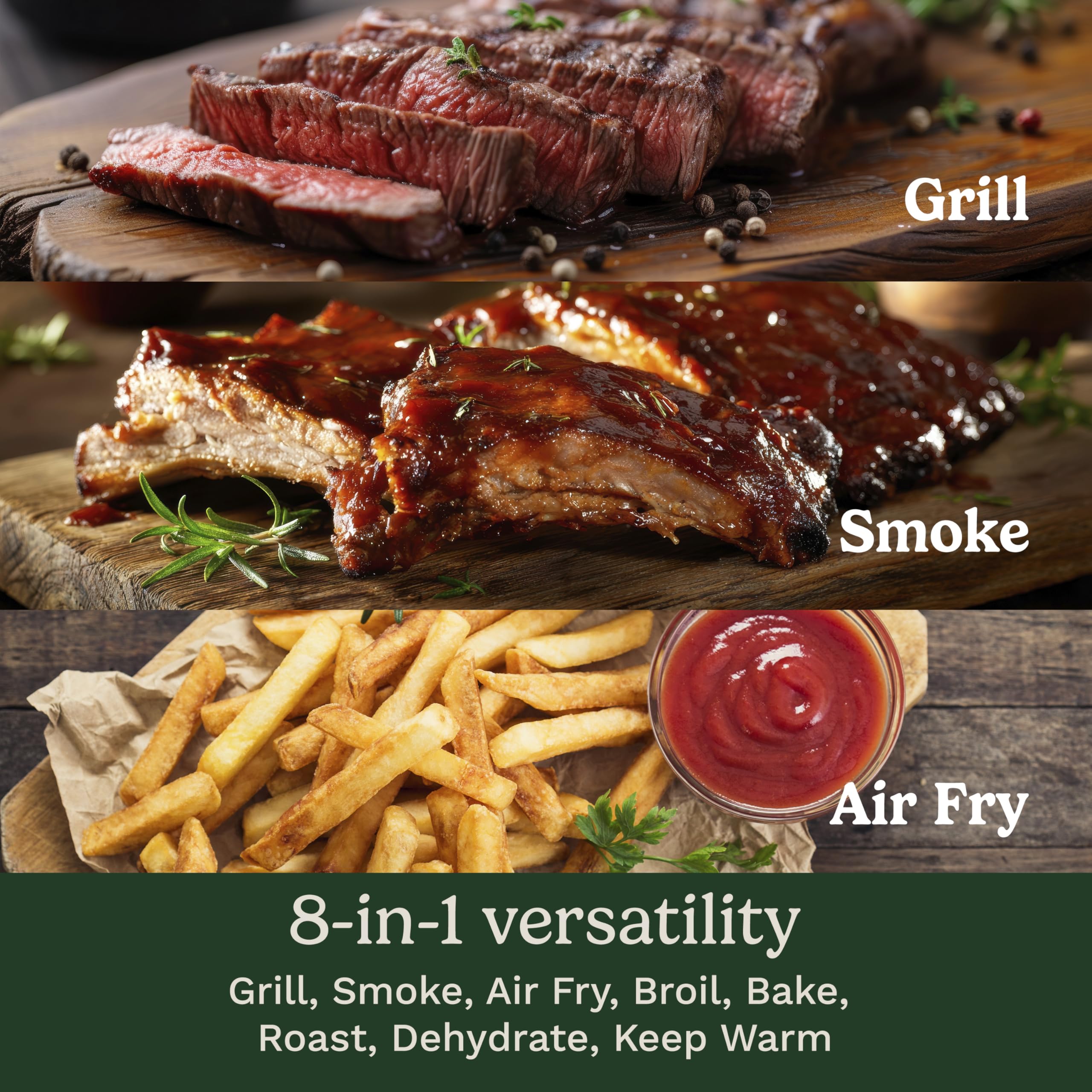 Cuisinart grill open with sizzling steak demonstrating high-heat searing capability