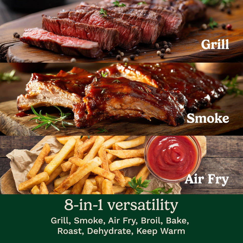 Cuisinart grill open with sizzling steak demonstrating high-heat searing capability