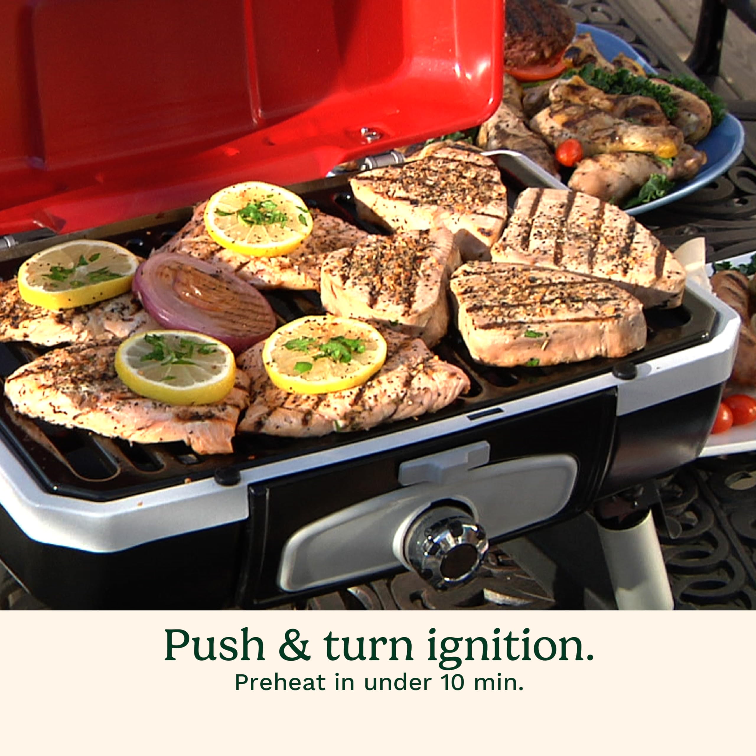 Cuisinart Petite Gourmet on a camping picnic table grilling burgers to show outdoor versatility