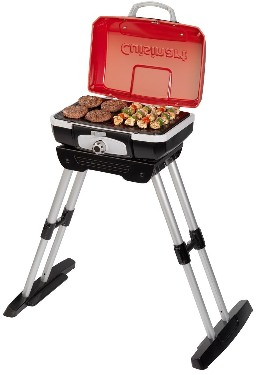 Cuisinart portable grill next to backpack showing compact travel-friendly size