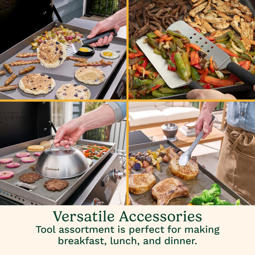 Cuisinart scraper and scour pad close-up for fast griddle cleaning