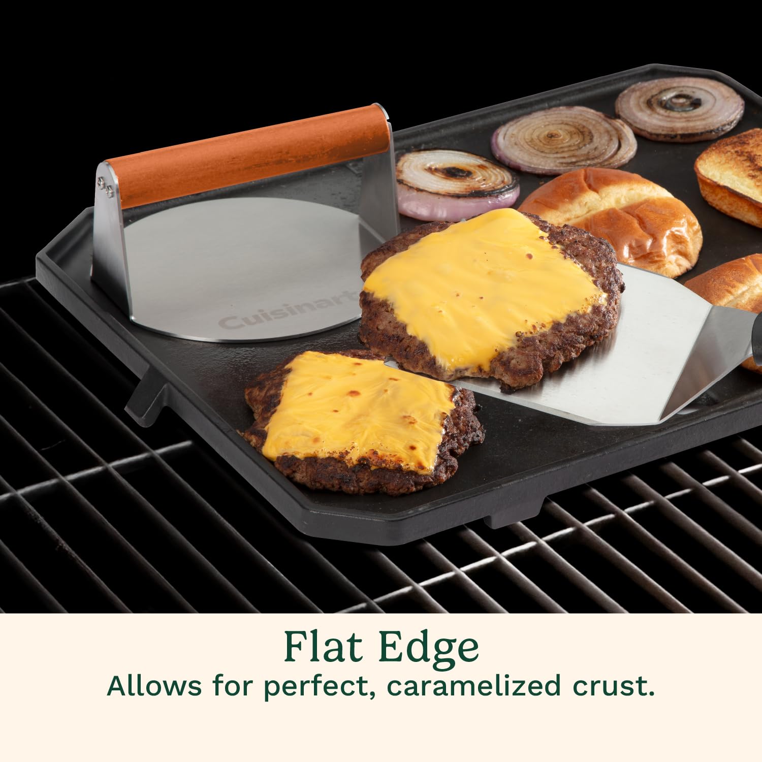 Cuisinart press held beside a hand to show 6-inch scale for consistent burger sizing