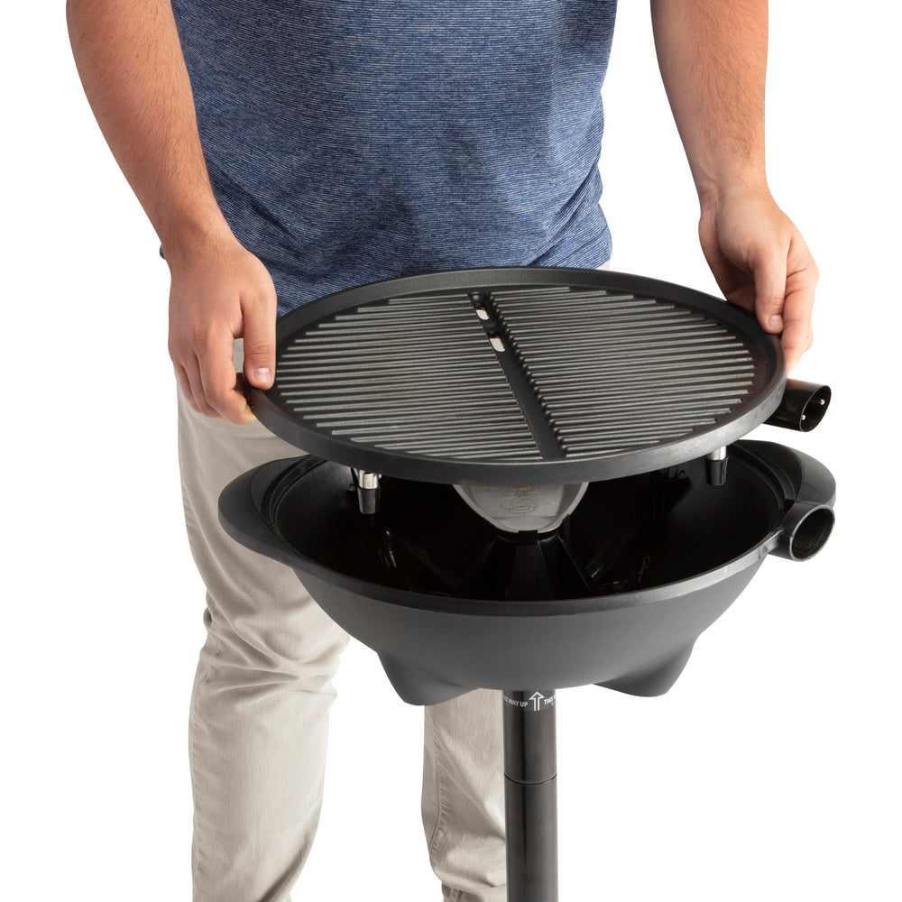 Cuisinart beside a dinner plate to show compact 240 sq. in. cooking scale