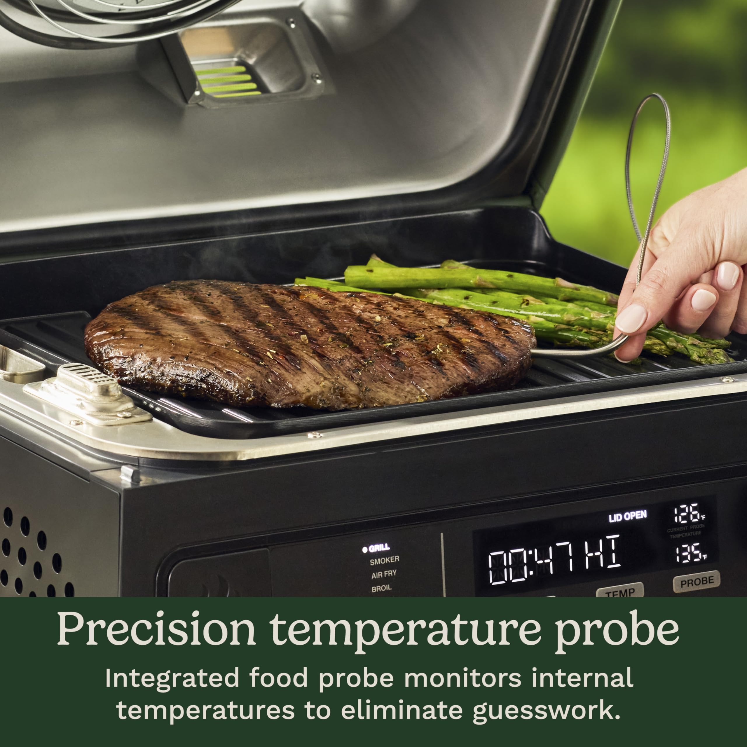 Cuisinart smart probe inserted in meat and display showing precise temperature control