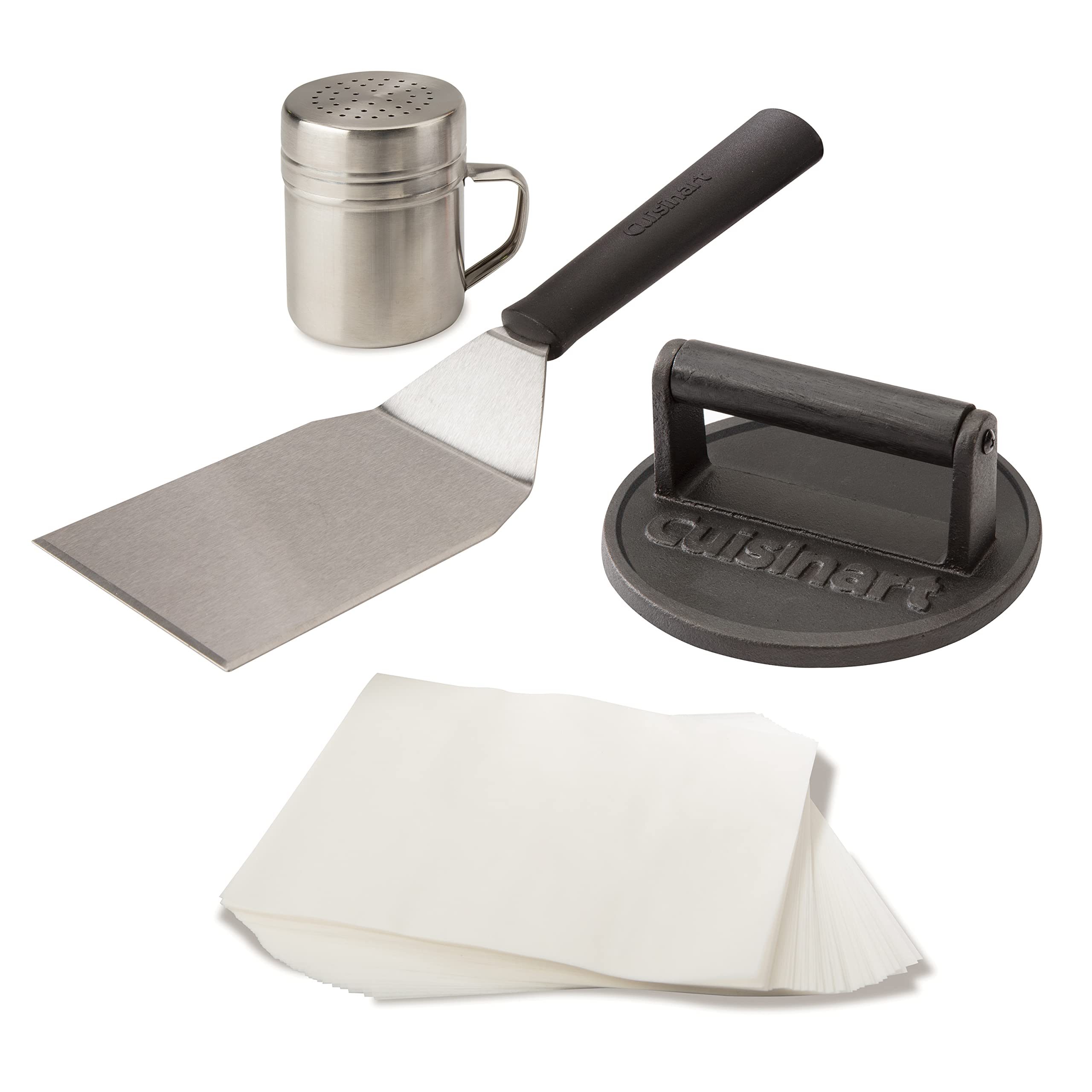 Cuisinart cast iron press front view showing durable design and even sear benefit