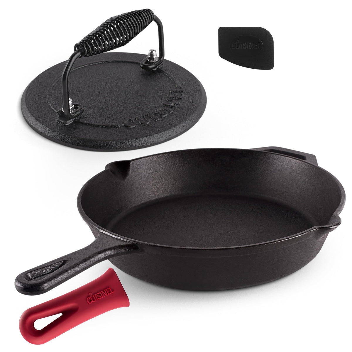 Cuisinel 12-inch skillet front view showing sturdy rim and cooking area benefit: versatile heat retention