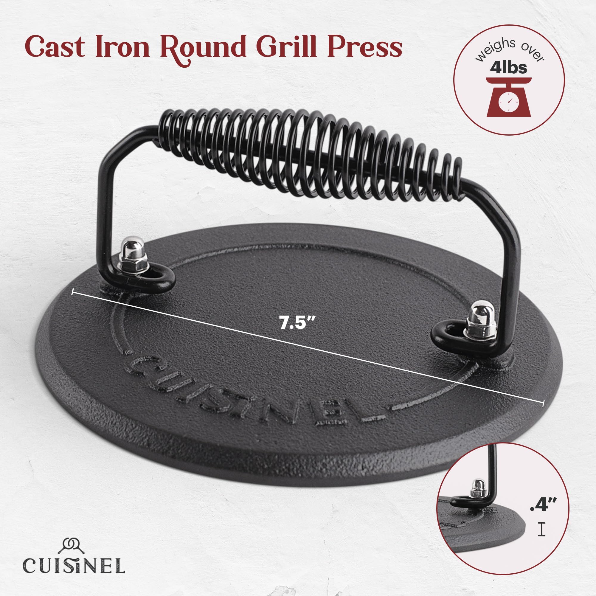 Cuisinel 7-inch grill press pressing a burger for faster searing and flatter cooking