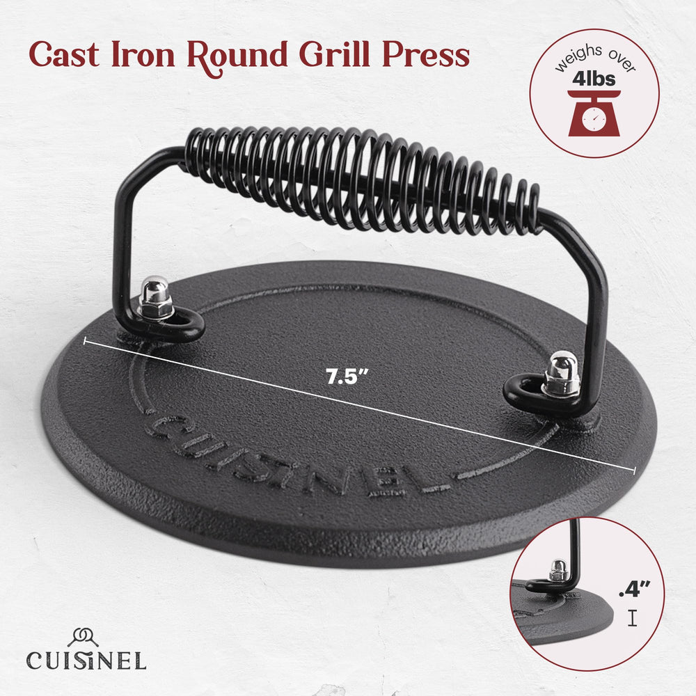 Cuisinel 7-inch grill press pressing a burger for faster searing and flatter cooking