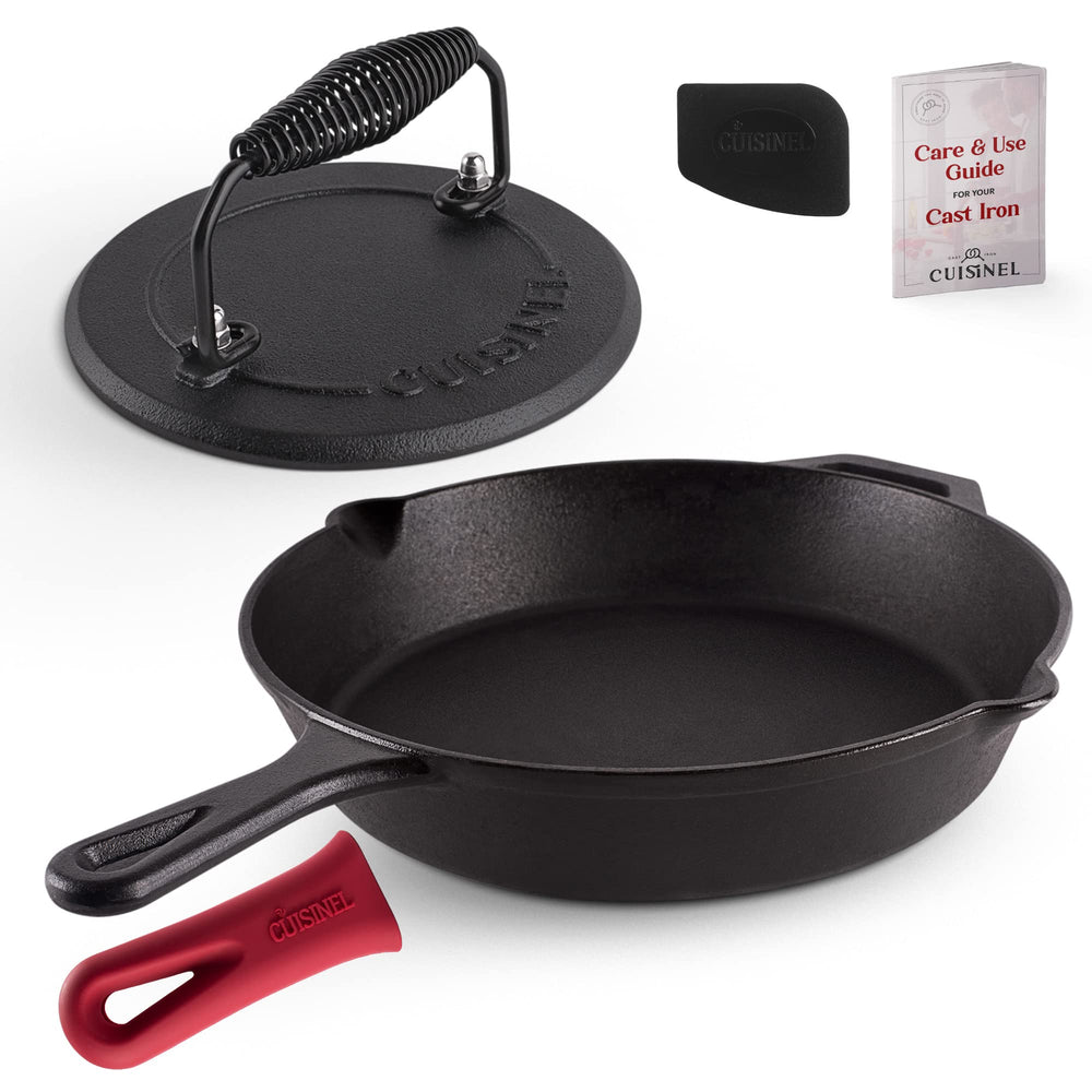Cuisinel skillet on outdoor grill in lifestyle setting showing durability for backyard cooking