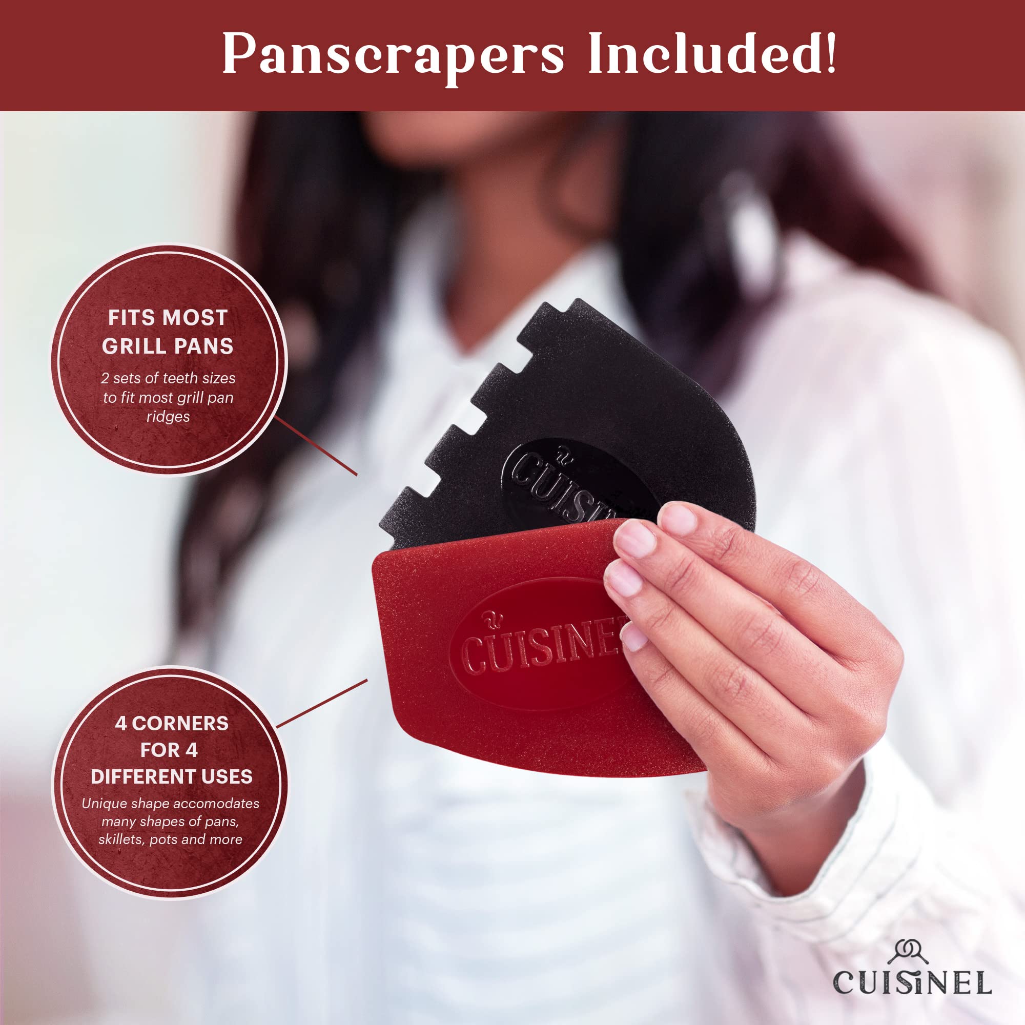 Cuisinel scrapers and accessories removing residue to protect seasoning