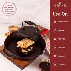 Cuisinel skillet smooth pre-seasoned surface close-up highlighting nonstick development and even browning