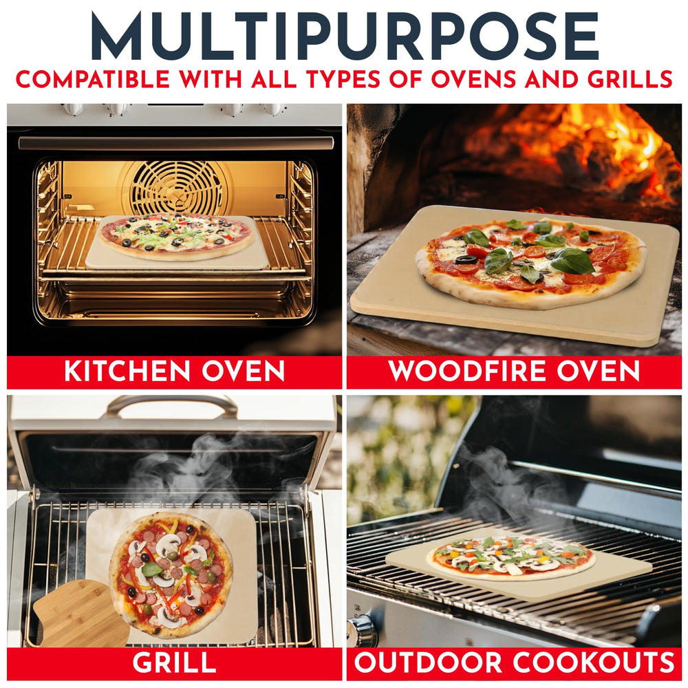 Culinary Couture stone next to pizza slice showing real-world size and capacity