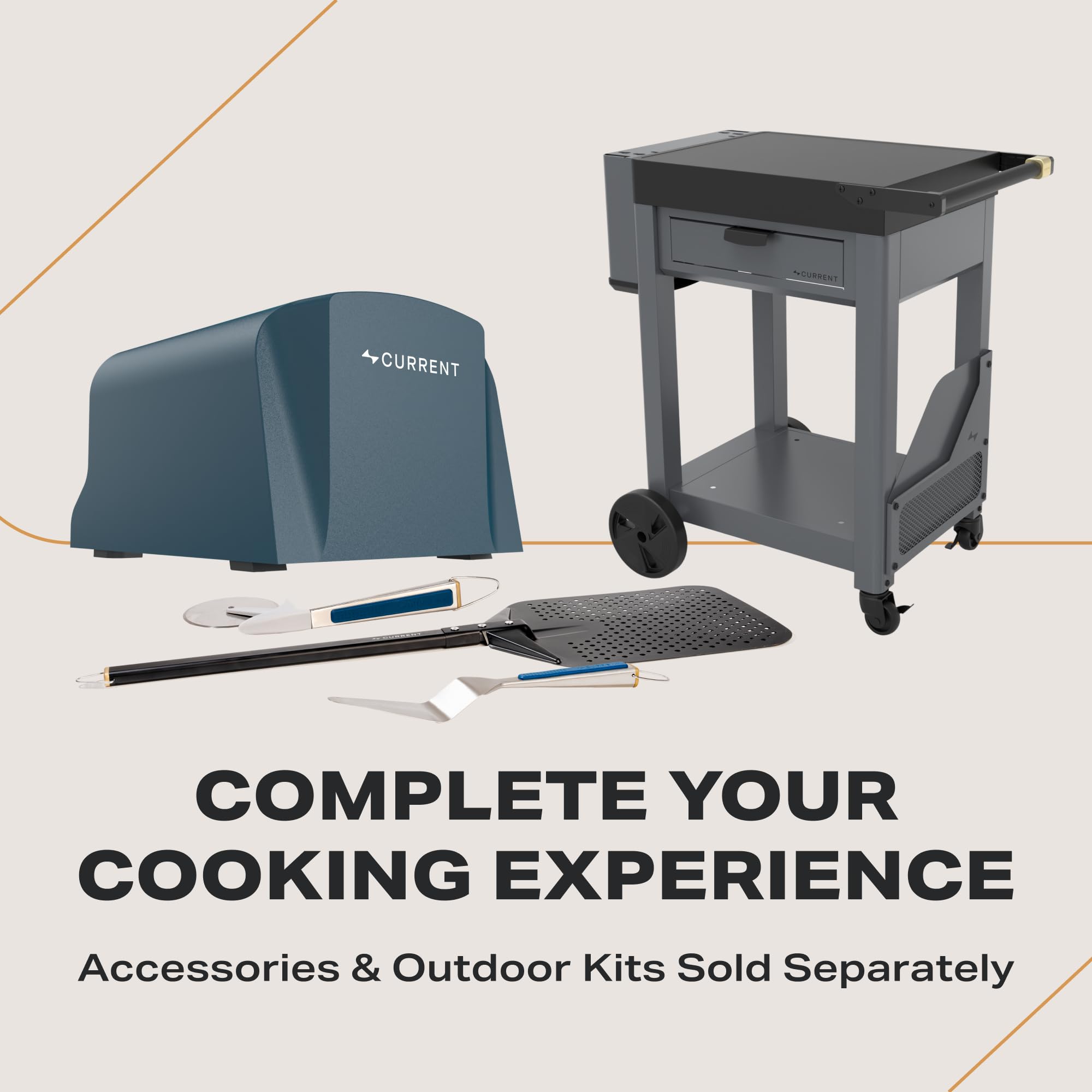 Current® Model P beside 12-inch pizza illustrating oven capacity and portion scale