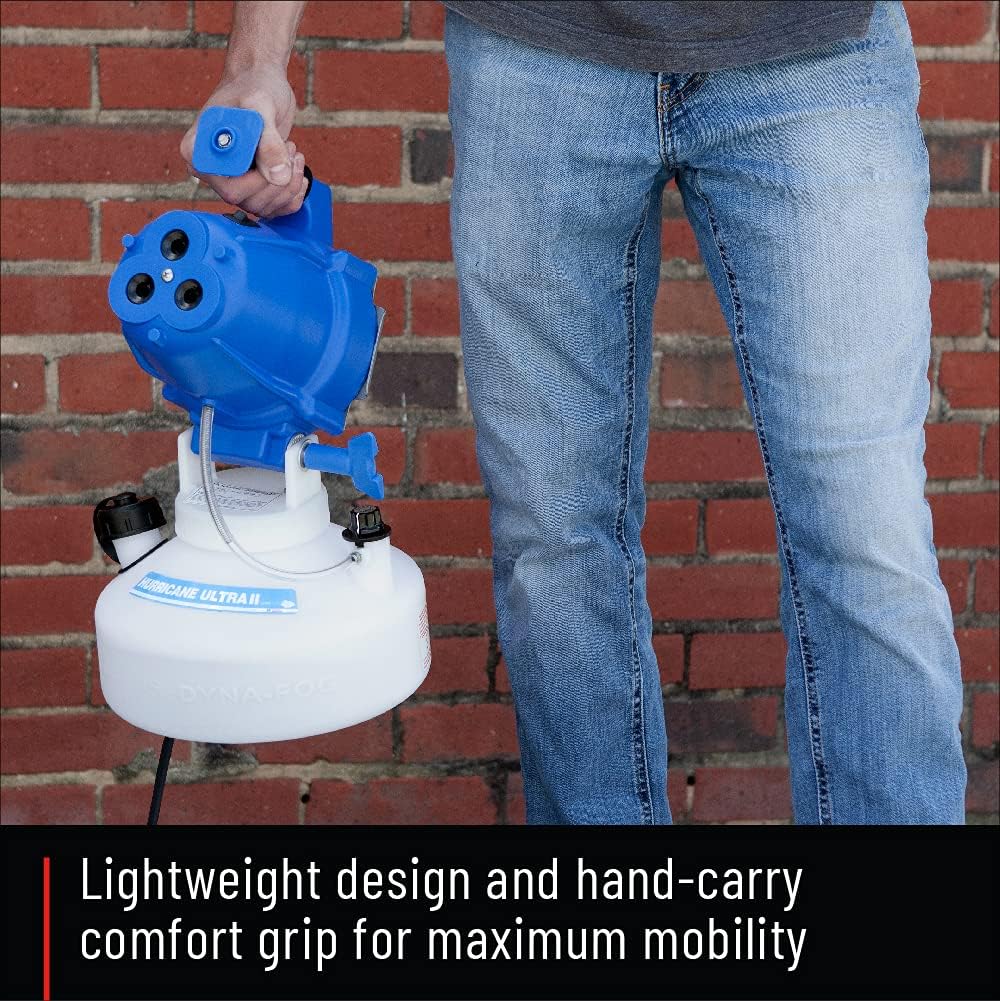 Curtis Dyna-Fog unit in-use fogging a hallway demonstrating wide droplet throw for fast coverage