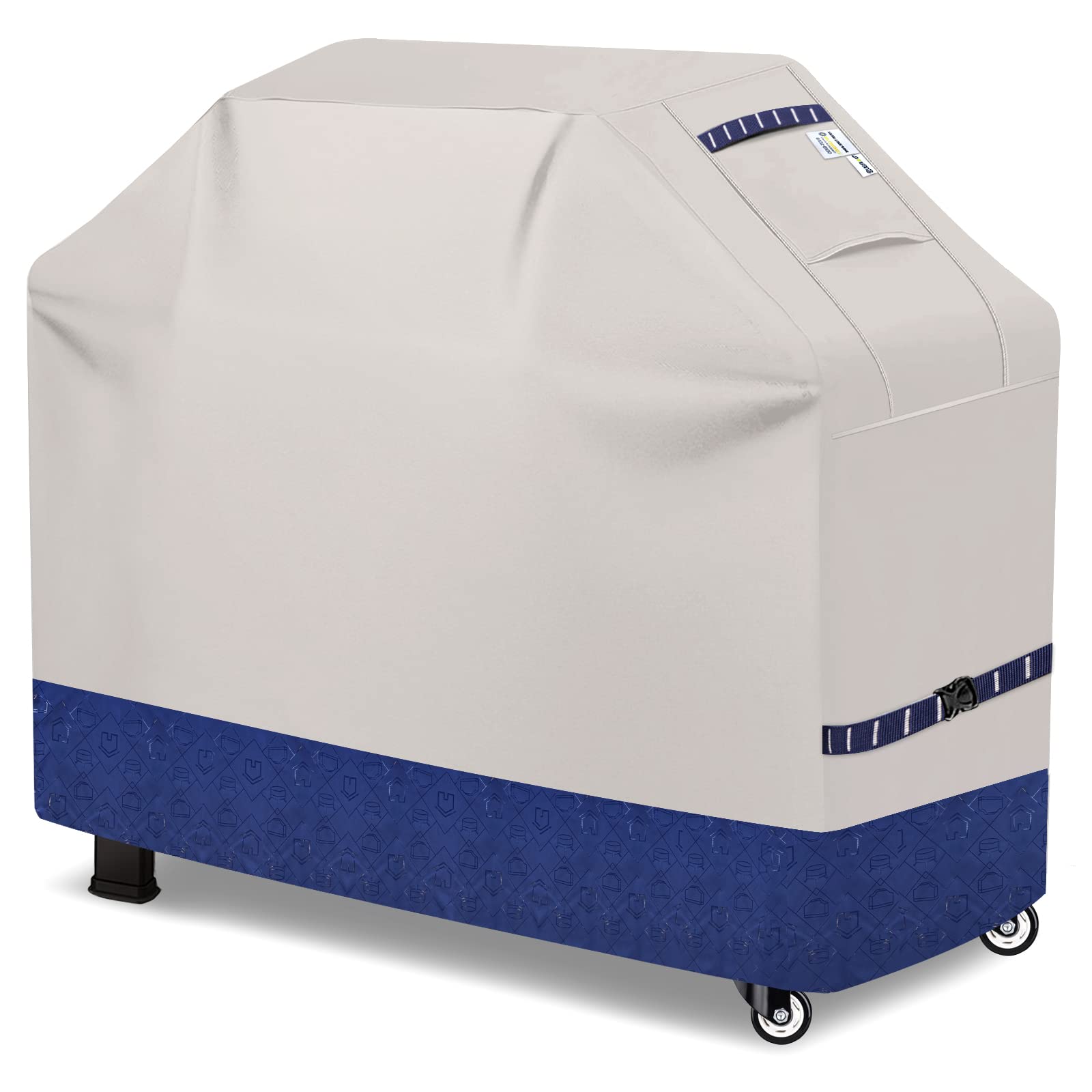 CUSSIOU front view navy cover fitted on a 59 inch grill protecting from elements