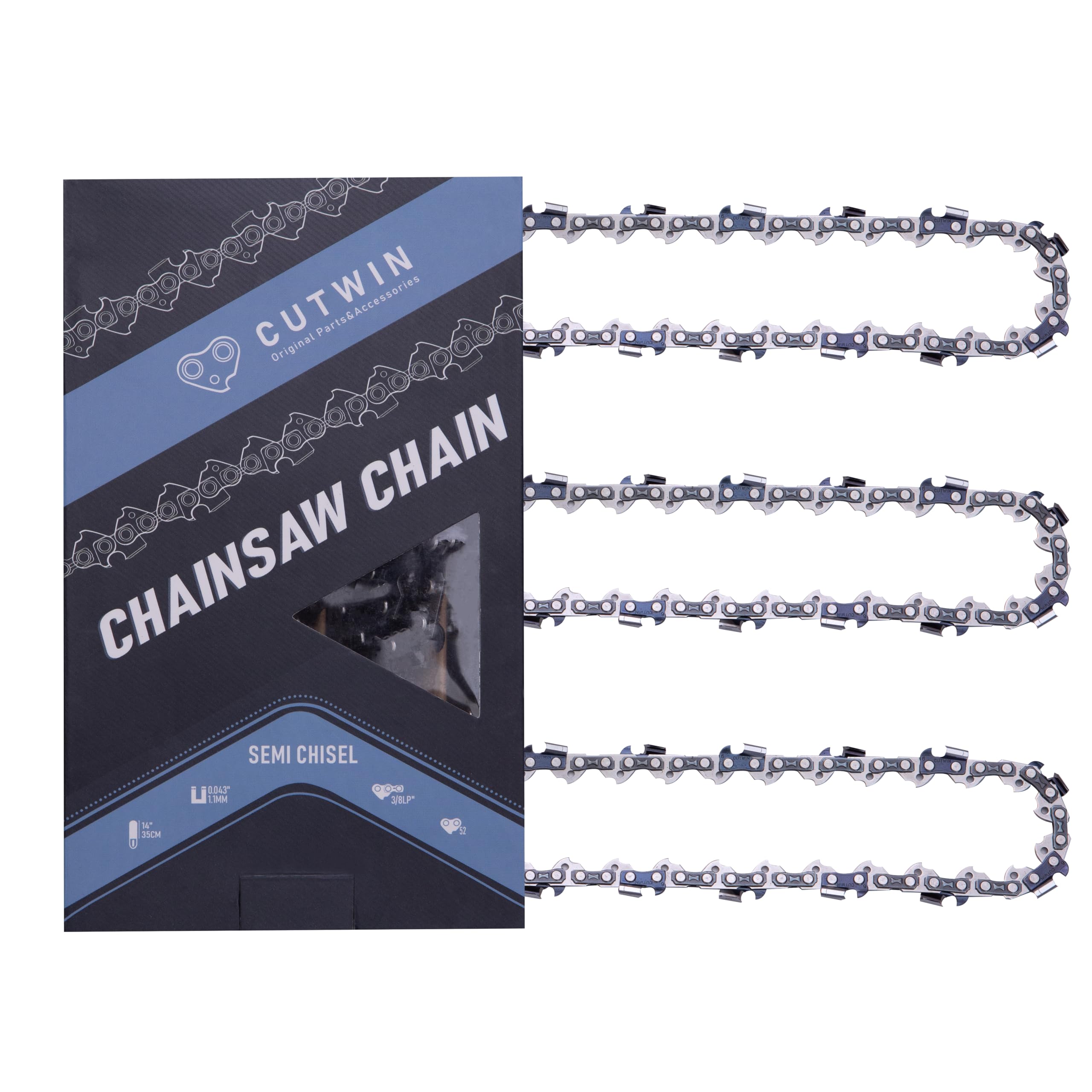 Cutwin front packaging showing three 14-inch chains, clear spare benefit