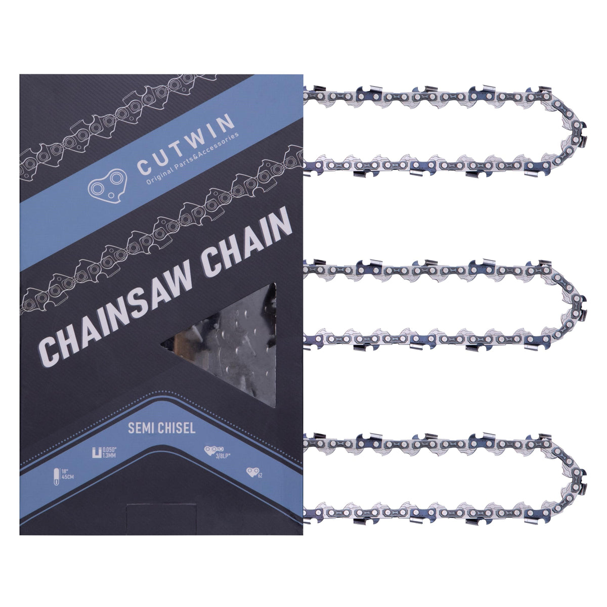 Cutwin front packaging showing three replacement chains and compatibility