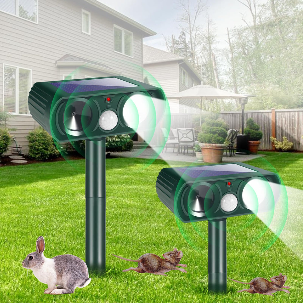 CXIENAOY front view of solar ultrasonic repellent showing panel and sensor protects garden