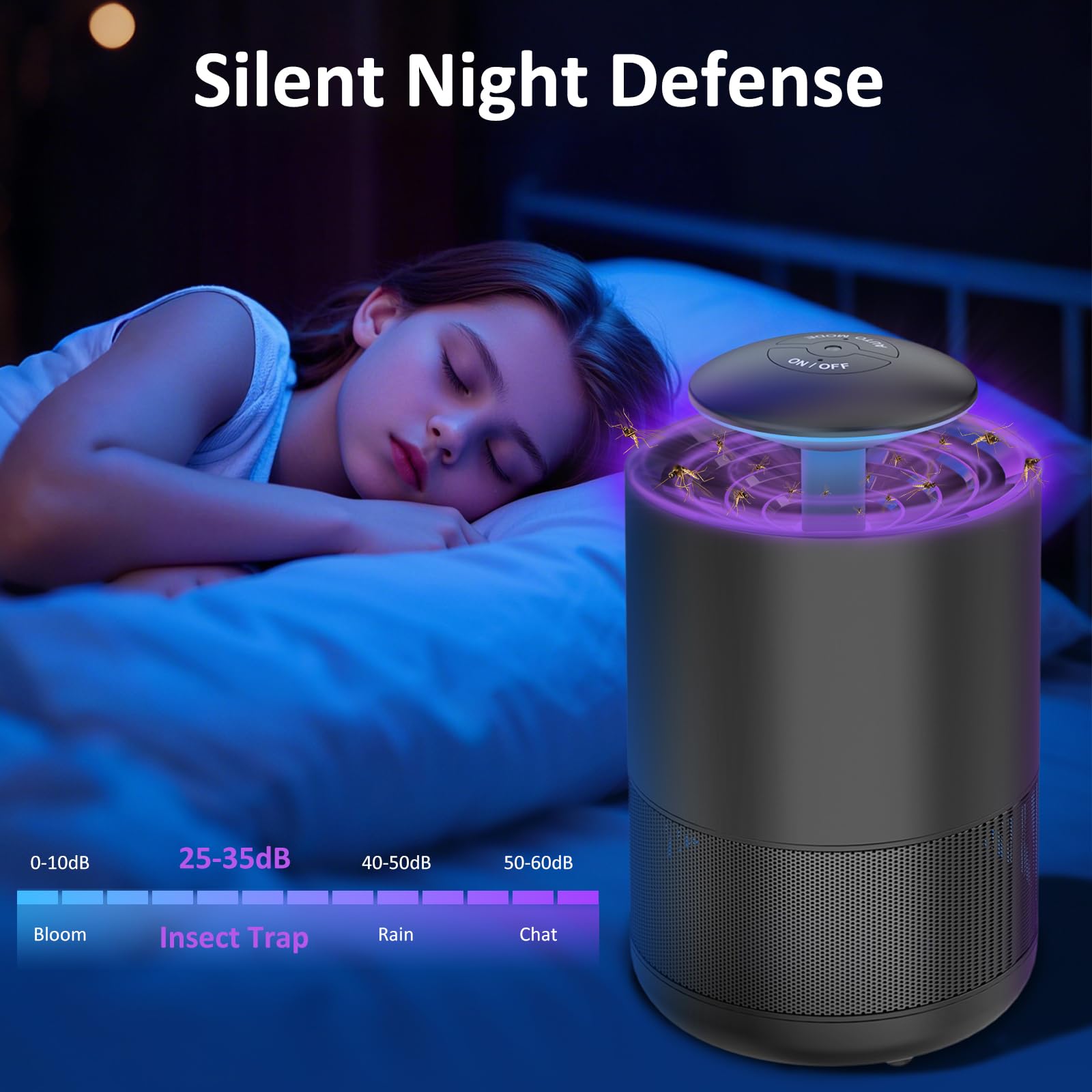 CXRUY placed on a bedroom nightstand providing quiet insect control overnight