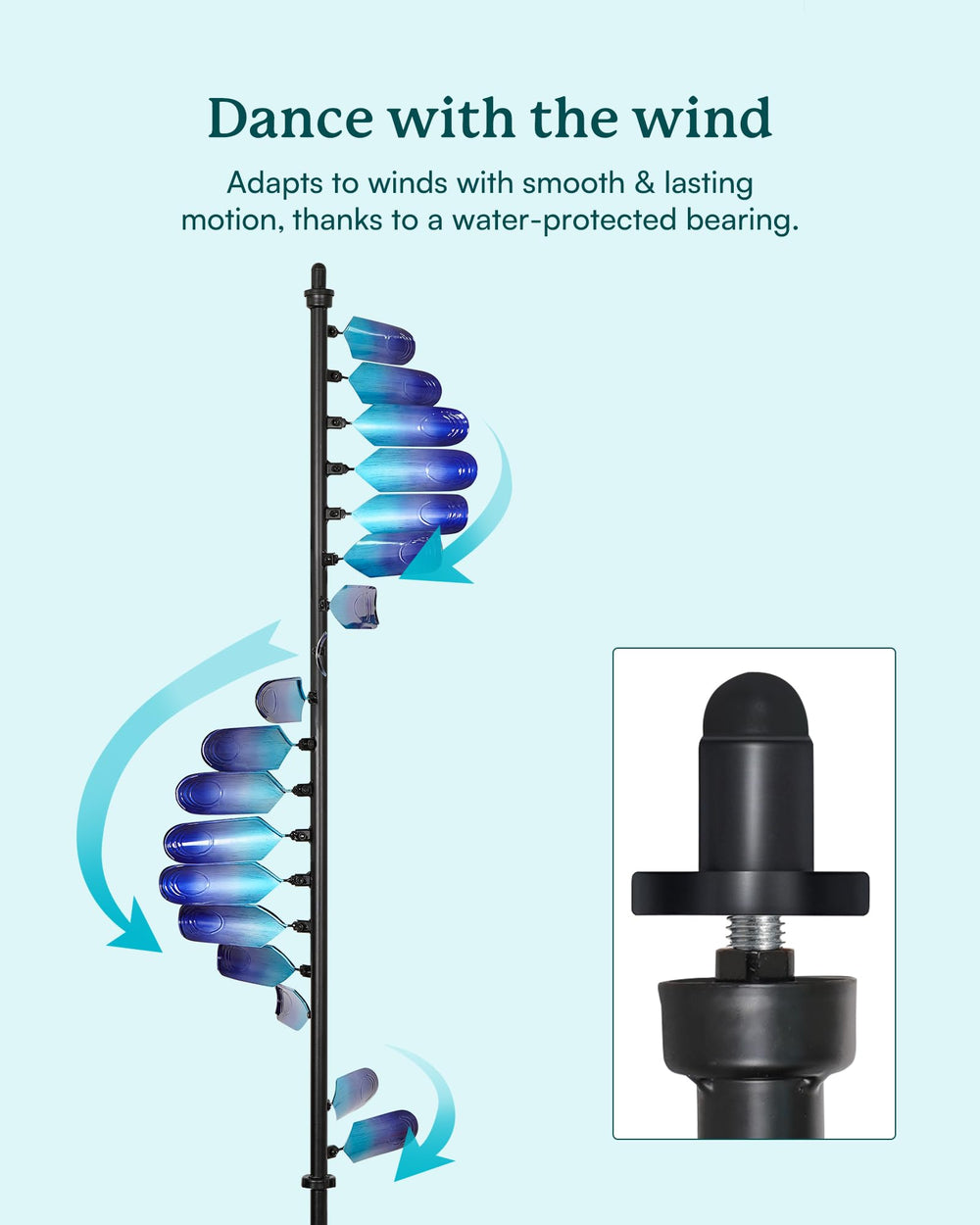 Cyan Oasis bearing and stake detail showing sturdy connection and stability