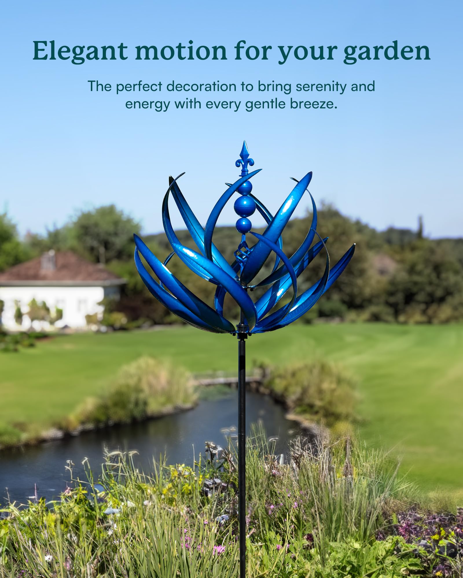 Cyan Oasis spinner full 91-inch height in garden for dramatic vertical accent