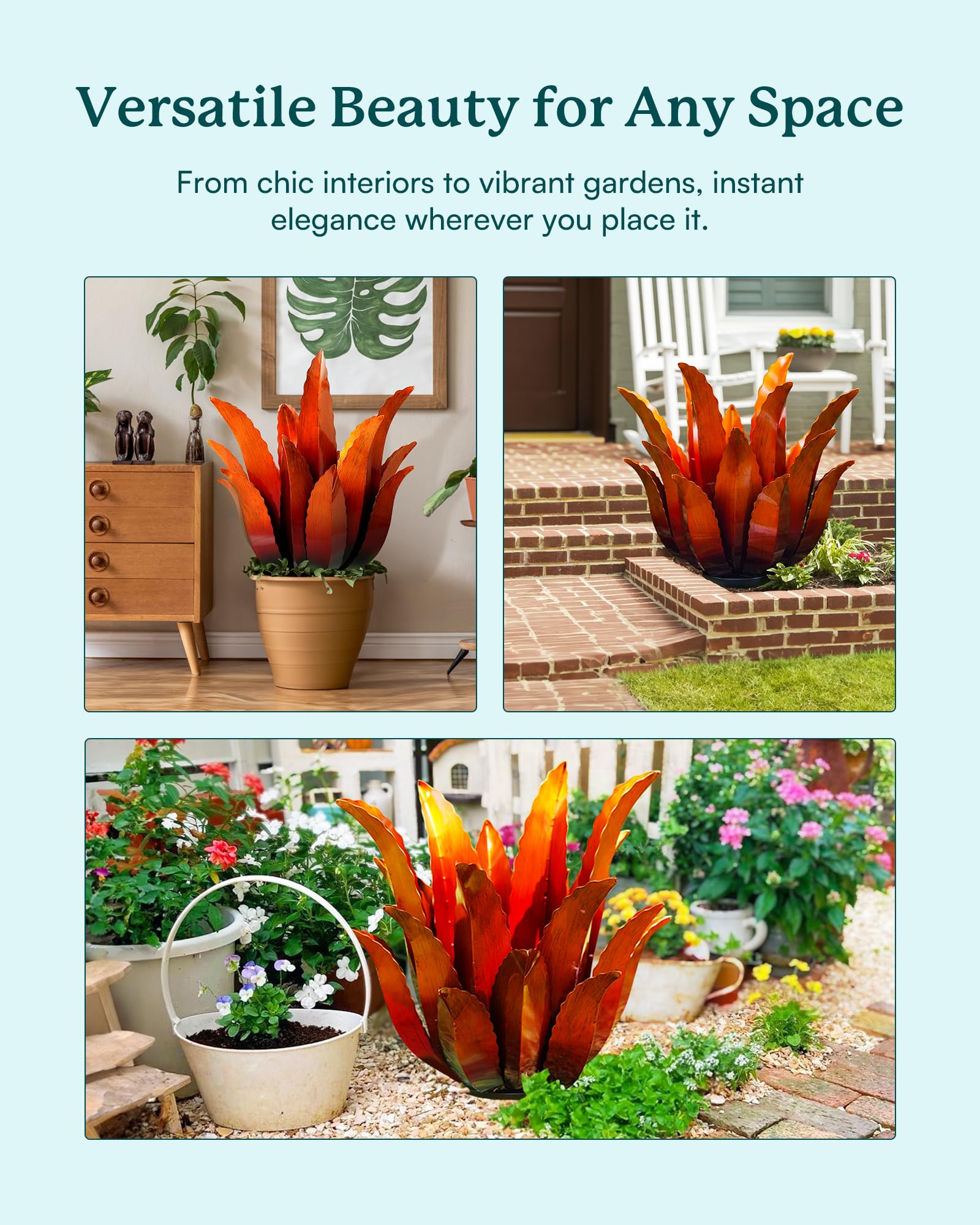Cyan Oasis metal agave styled on a patio adding low-maintenance greenery