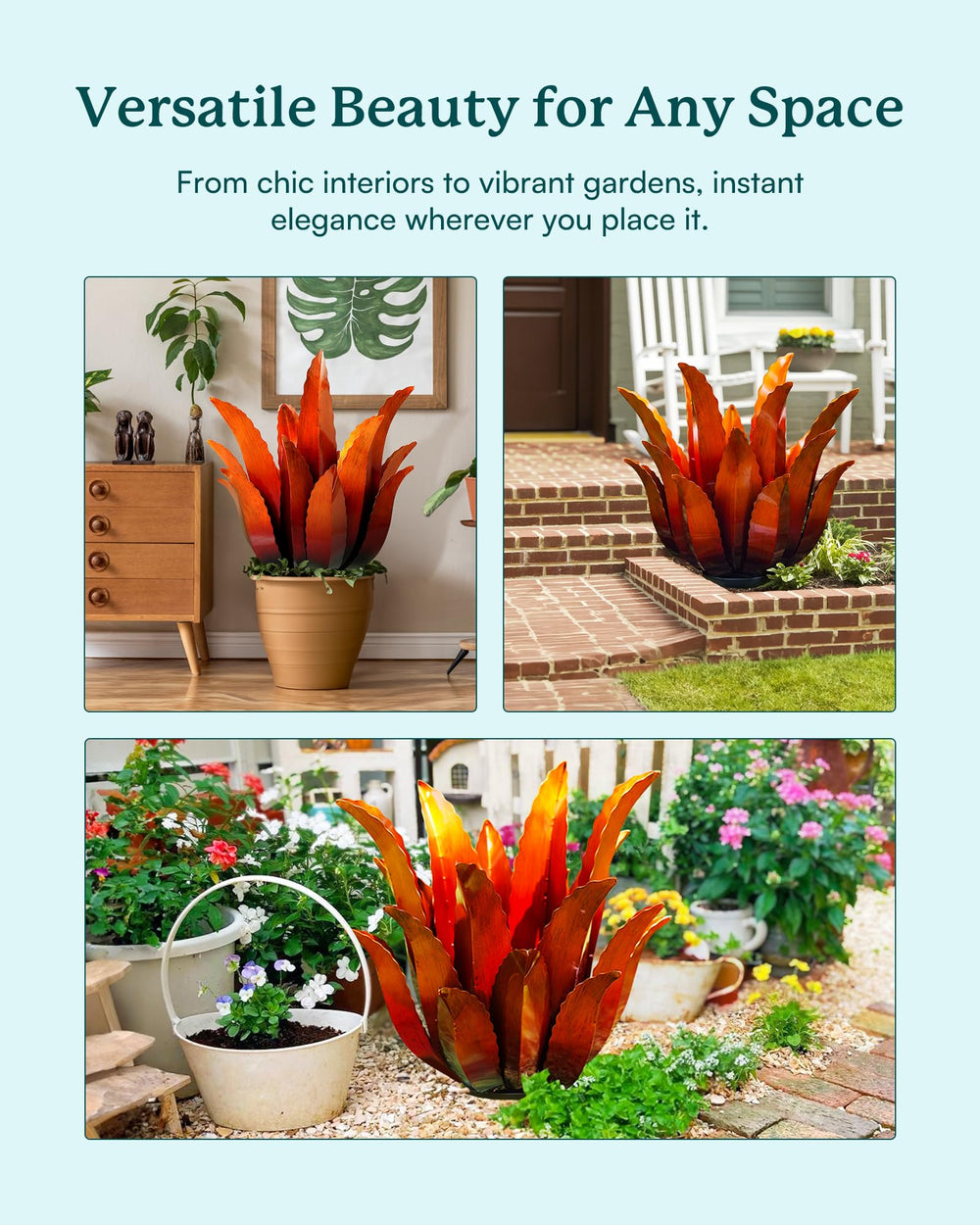 Cyan Oasis metal agave styled on a patio adding low-maintenance greenery