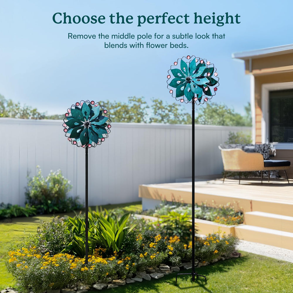 Cyan Oasis spinner in patio setting enhancing visual interest and breeze movement