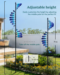 Cyan Oasis wind spinner in garden enhancing beds with kinetic movement