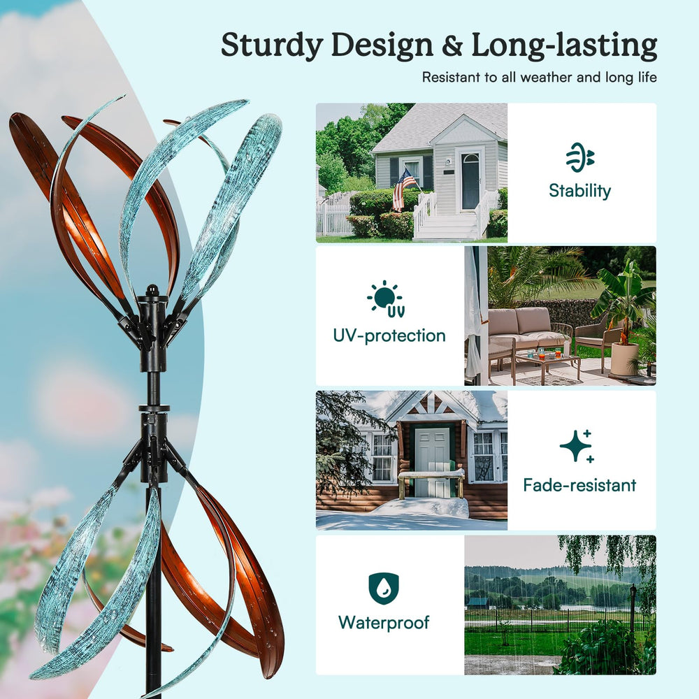 Cyan Oasis wind spinner spinning in breeze in garden, creates calming motion