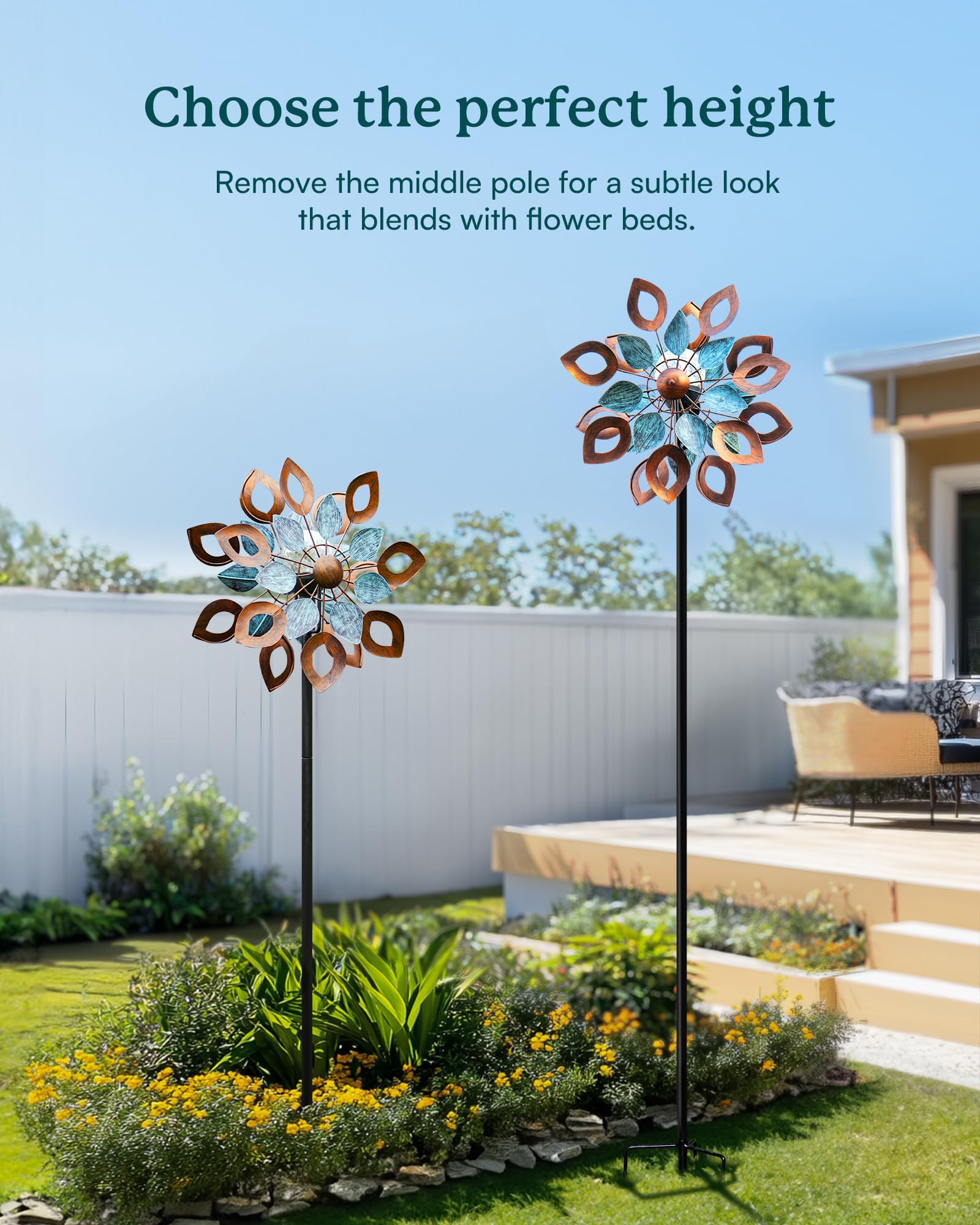 Cyan Oasis spinner in garden illustrating kinetic motion and visual interest