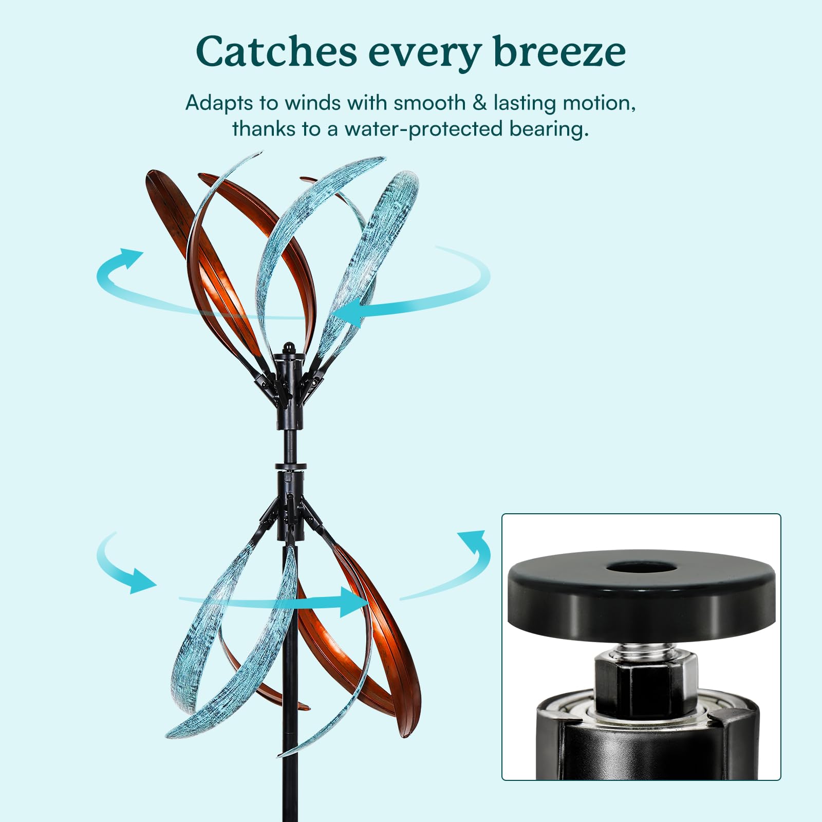 Cyan Oasis stake driven into soil with spinner attached, shows stable installation