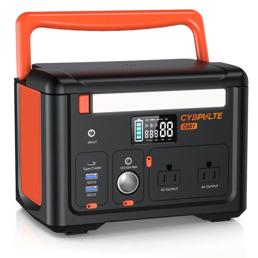 CYBPULTE C601 front view showing compact body and AC outlets, easy portability benefit