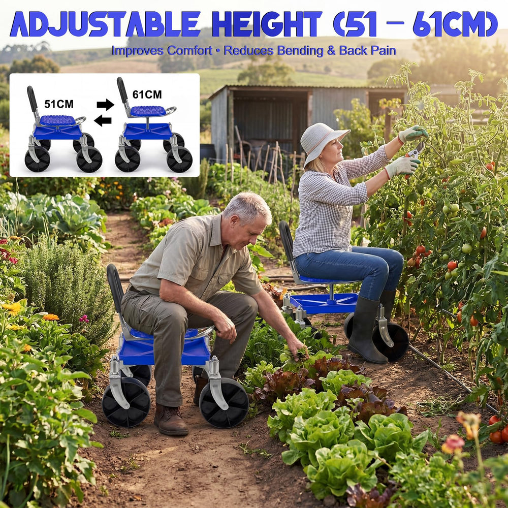 Cycayit in garden while user weeds, demonstrating mobility and reduced bending benefit