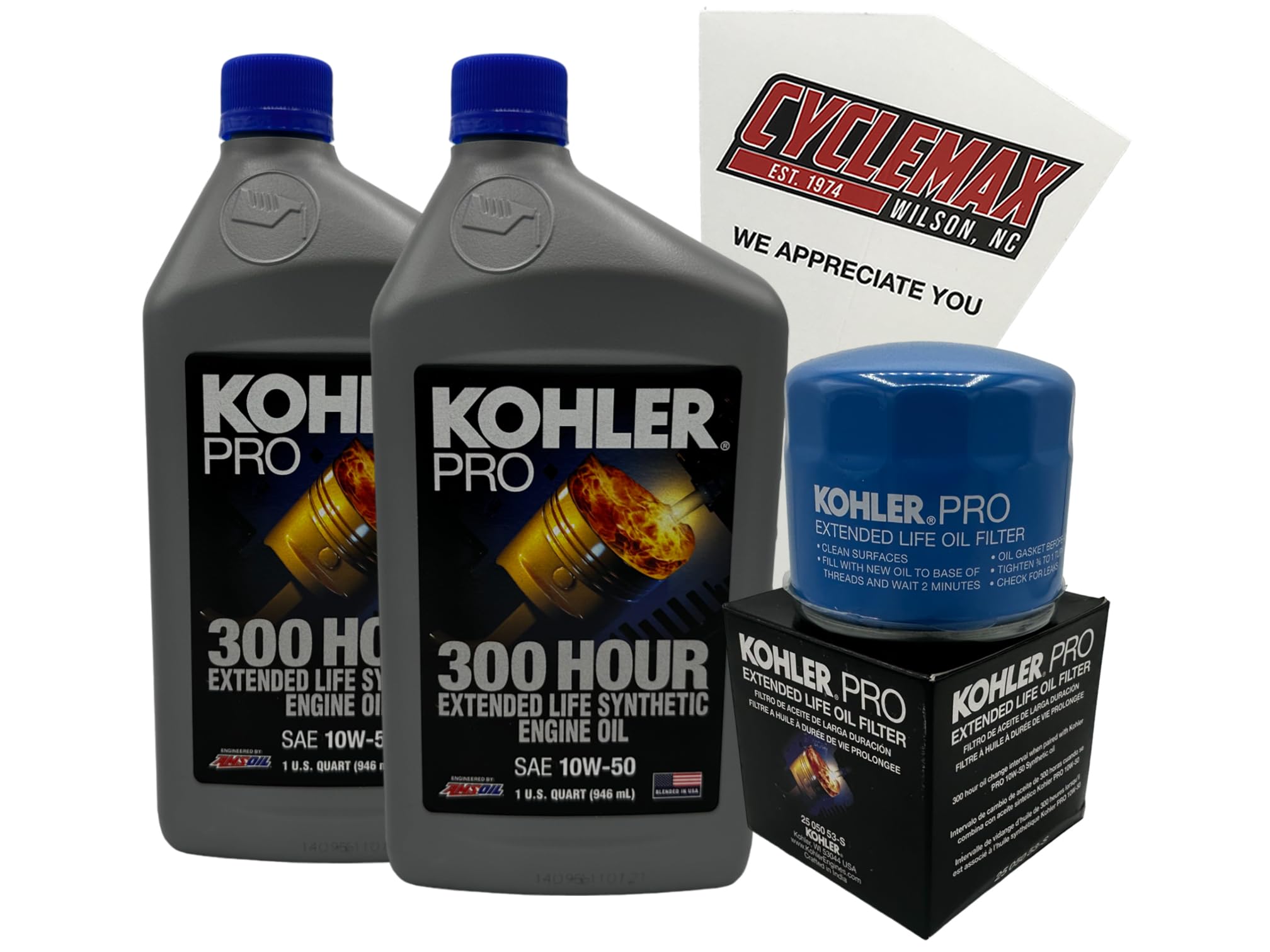 CYCLEMAX Kohler Pro front packaging showing kit contents and long‑life oil benefit