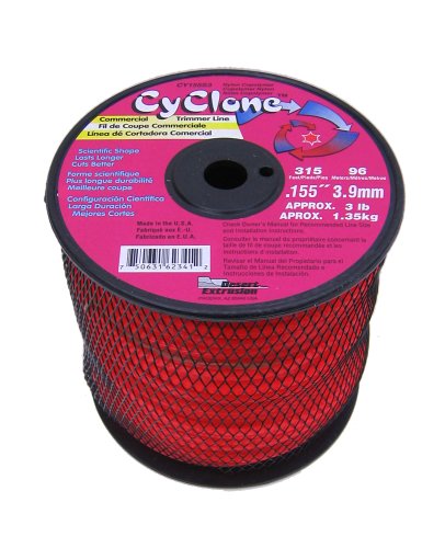 Cyclone front view of red 315ft spool showing label and heavy-duty construction benefit