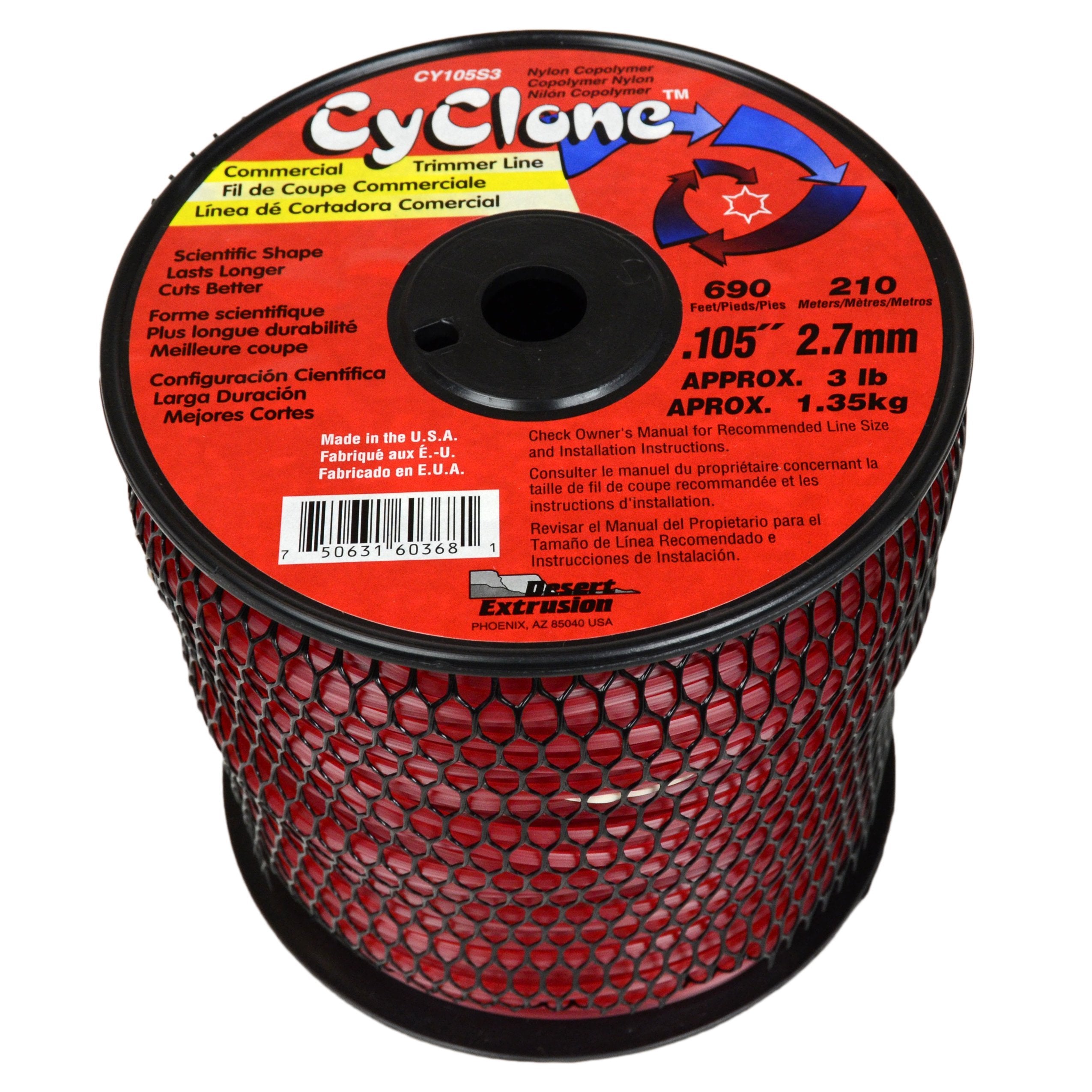 Cyclone front packaging showing red 690ft spool and model CY105S3, durable supply