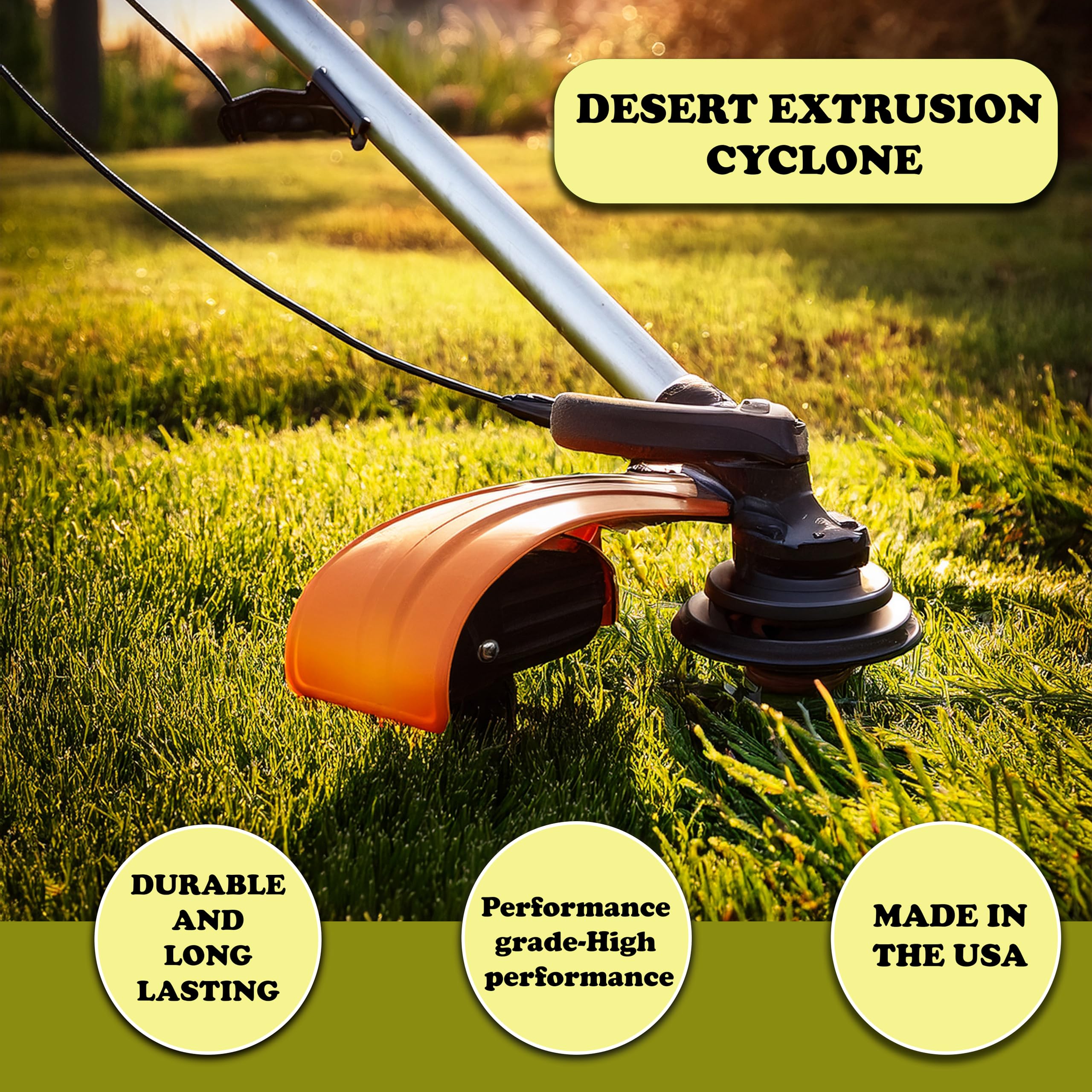 Cyclone trimmer line in use cutting thick grass, faster mowing and fewer passes