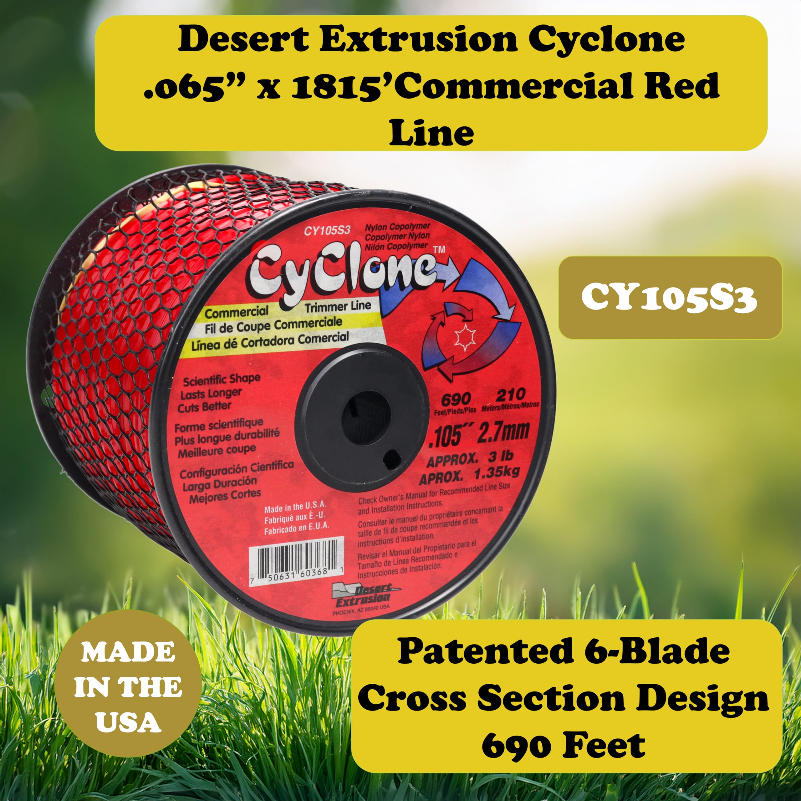 Cyclone spool beside ruler for scale, 690ft length reduces reload frequency