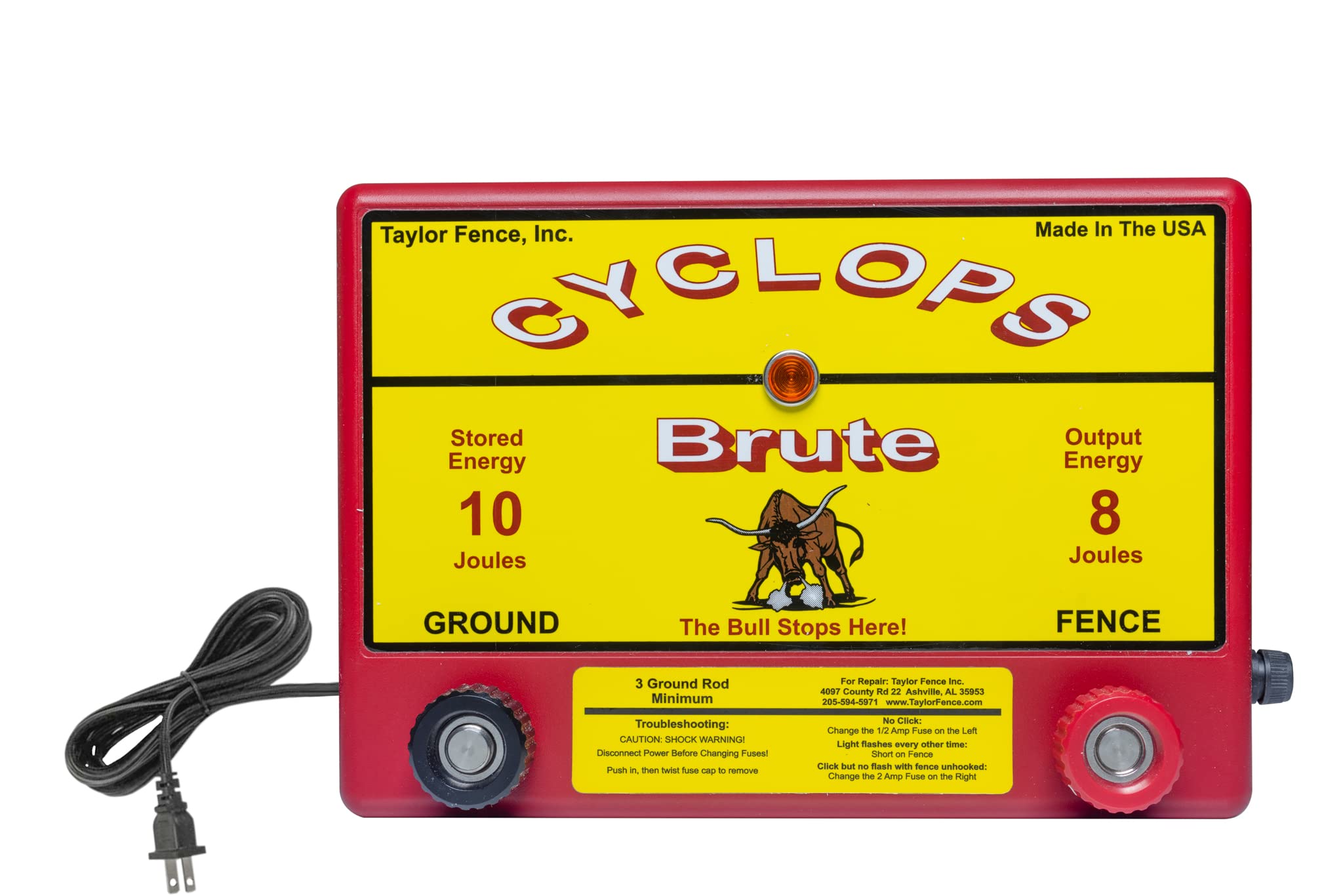 Cyclops Brute front panel view showing controls and durable housing for reliable pasture protection