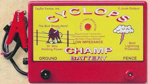 Cyclops Champ mounted on fence post with 12V battery connection demonstrating portable power
